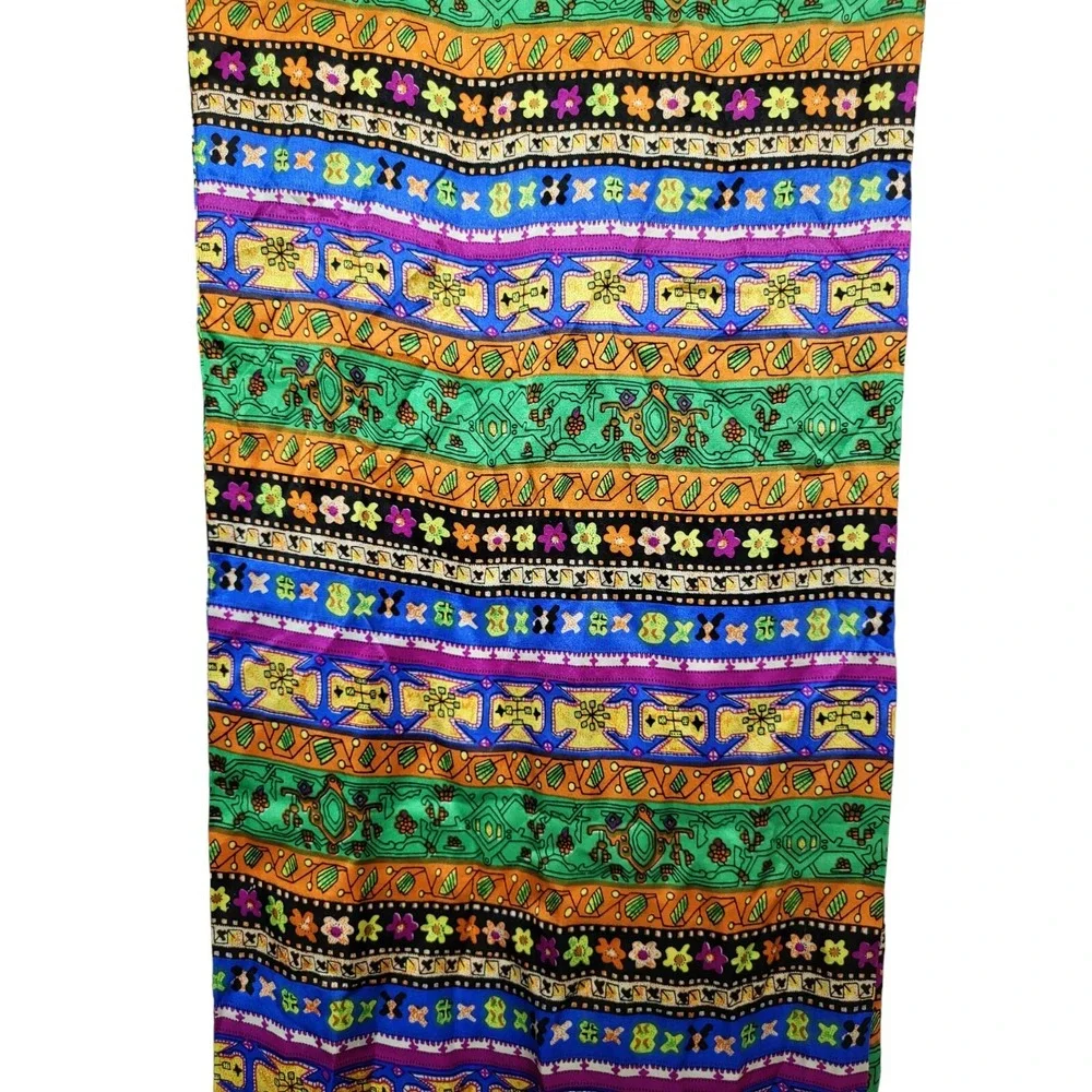 100% Silk‎ Double Layer w/ Long Fringe Vintage Scarf Artsy Collage Pattern Funky
